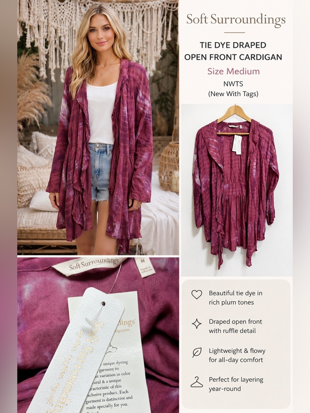 Soft Surroundings Bali Tie Dye Draped Front Cardigan NWT Size M